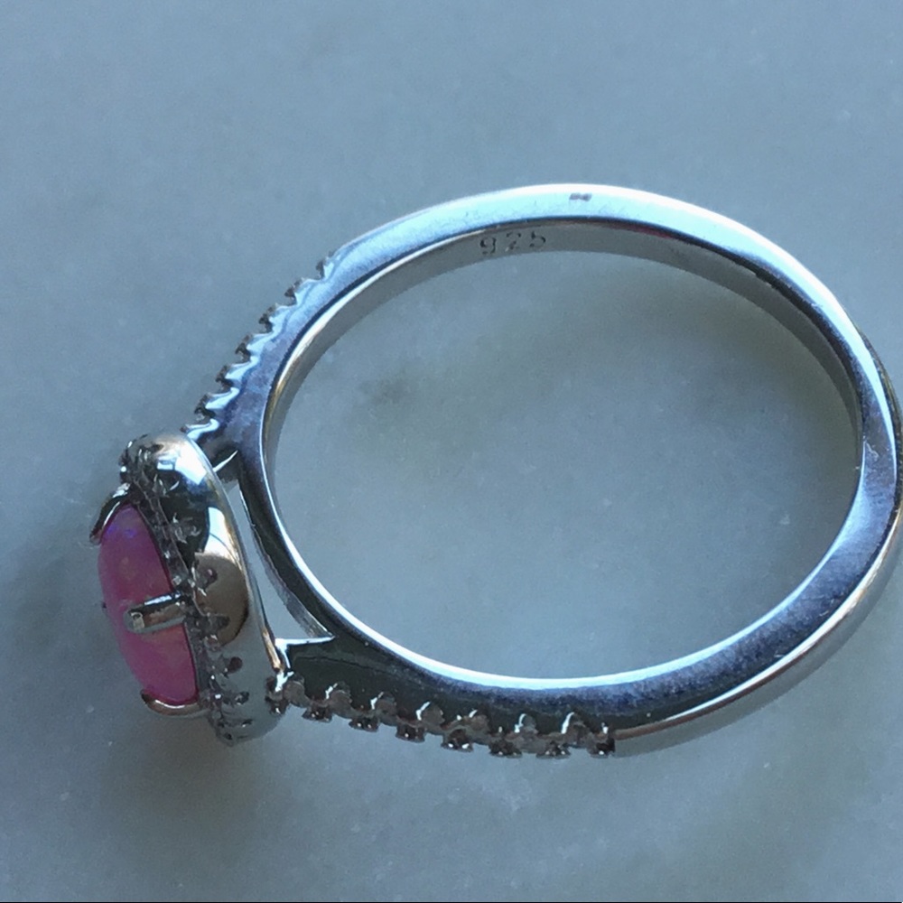 Sterling Pink Lab Opal and Clear CZ Oval Halo Ring - Picture 16 of 16